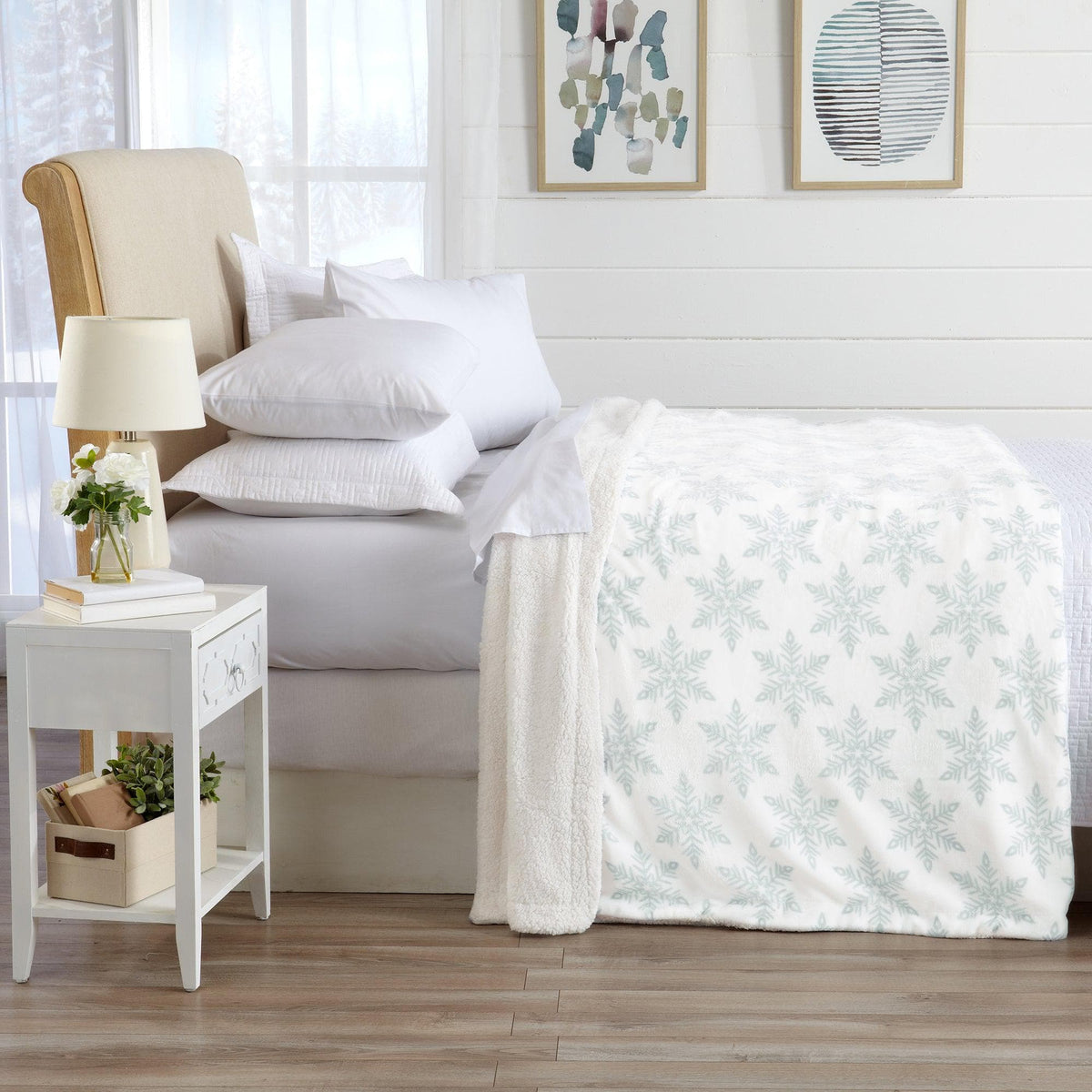 Velvet Plush Sherpa Luxury Bed Blanket - Kinsley Collection white, draped over bedding on Tampa Home & Garden Store
