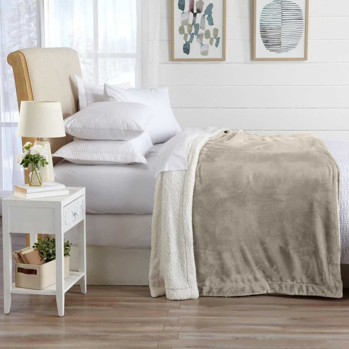 Velvet Plush Sherpa Luxury Bed Blanket by Great Bay Home in taupe beige draped on bed on Tampa Home & Garden Store