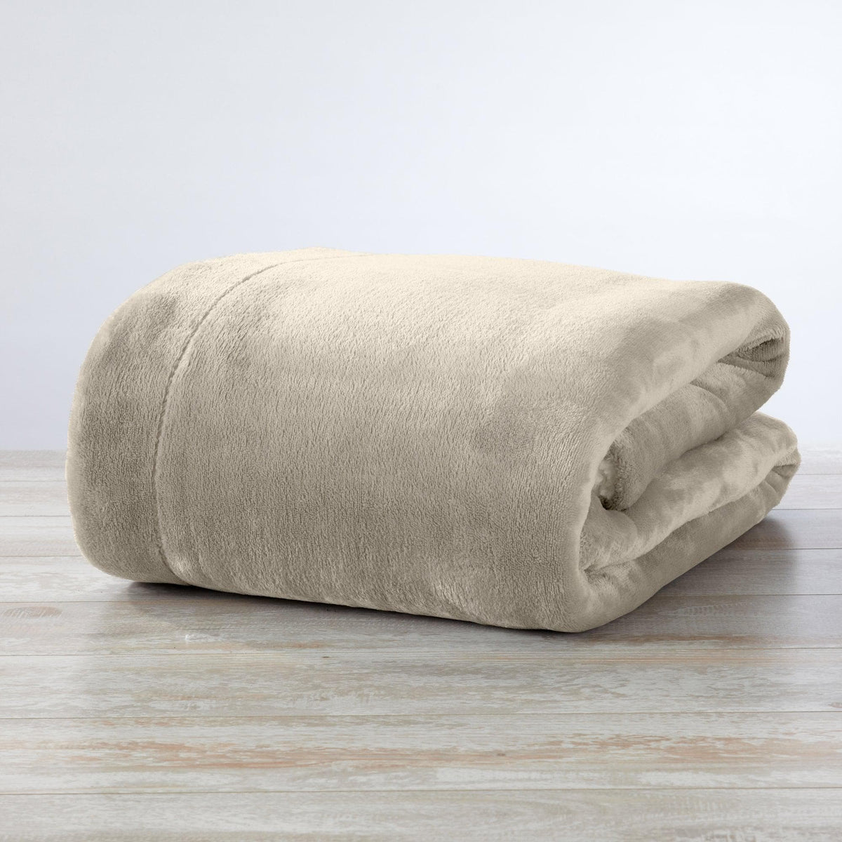 Great Bay Home Velvet Plush Sherpa Luxury Bed Blanket Kinsley Collection beige rolled on Tampa Home & Garden Store