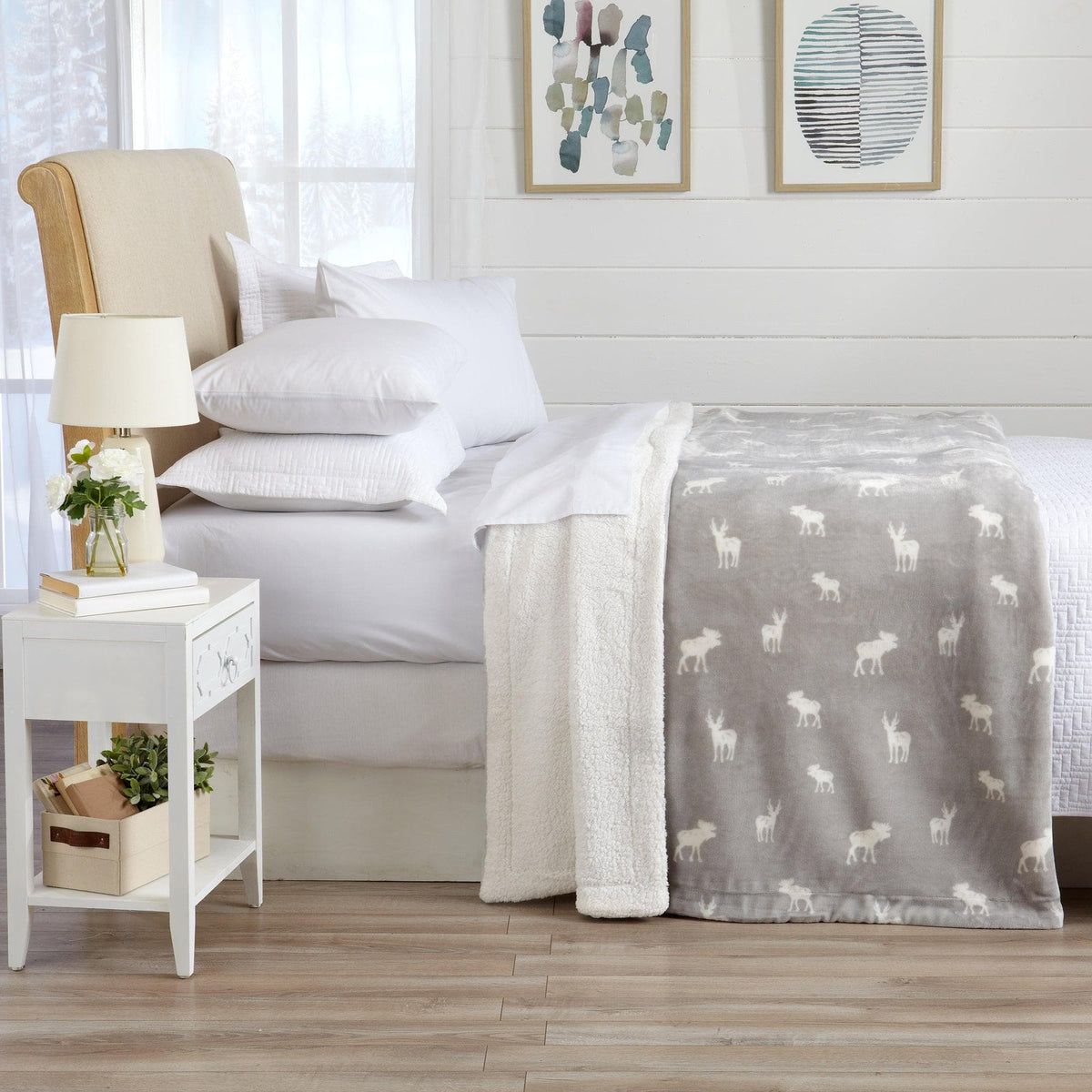 Great Bay Home Velvet Plush Sherpa Luxury Bed Blanket, Kinsley Collection gray with white moose print on Tampa Home & Garden Store