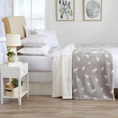 Great Bay Home Velvet Plush Sherpa Luxury Bed Blanket, Kinsley Collection gray with white moose print on Tampa Home & Garden Store