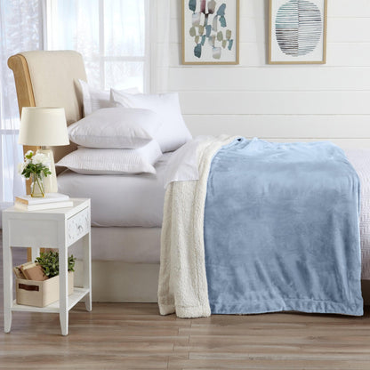 Velvet Plush Sherpa Bed Blanket Kinsley blue with white sherpa trim Great Bay Home on Tampa Home & Garden Store