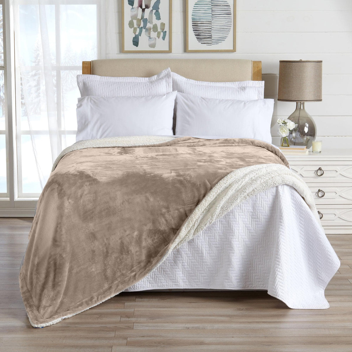 Velvet Plush Sherpa Luxury Bed Blanket - Kinsley Collection in beige/taupe, by Great Bay Home on Tampa Home & Garden Store