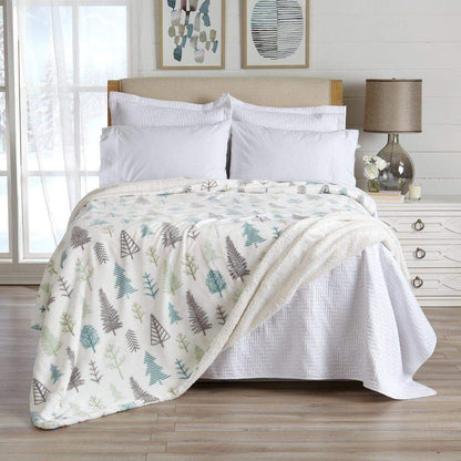 Velvet Plush Sherpa Bed Blanket, Great Bay Home, forest tree print, white reverse on Tampa Home & Garden Store