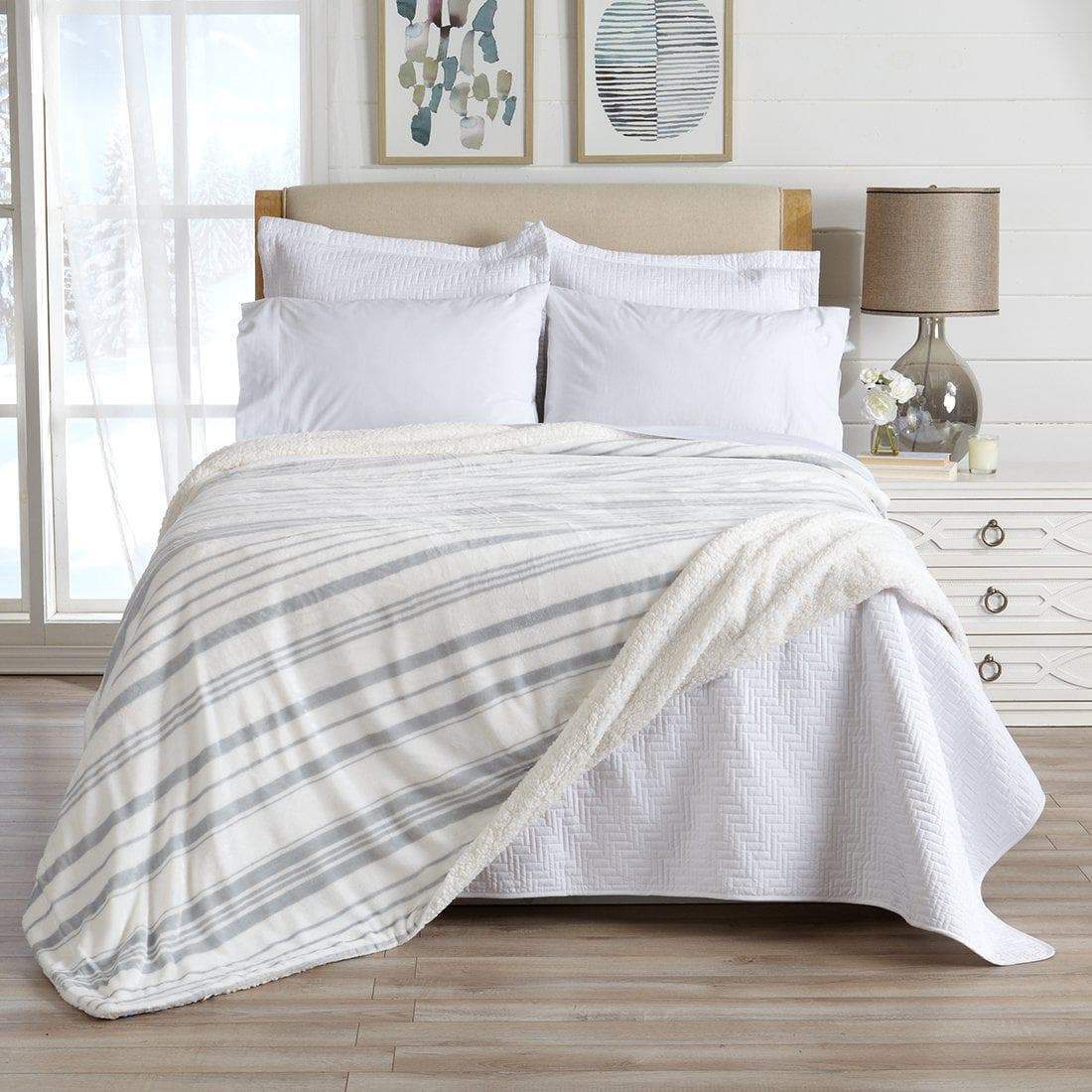 Velvet Plush Sherpa Bed Blanket Kinsley Collection in white/gray with striped top Great Bay Home on Tampa Home & Garden Store