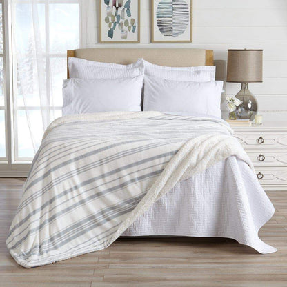 Velvet Plush Sherpa Bed Blanket Kinsley Collection in white/gray with striped top Great Bay Home on Tampa Home & Garden Store