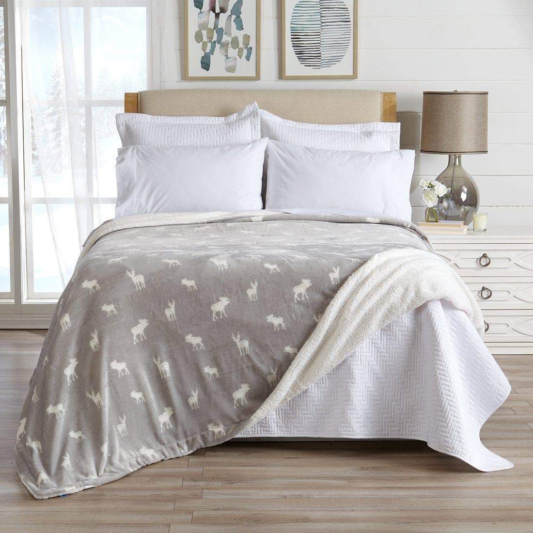 Velvet Plush Sherpa Bed Blanket Kinsley grey with white moose print by Great Bay Home on Tampa Home & Garden Store