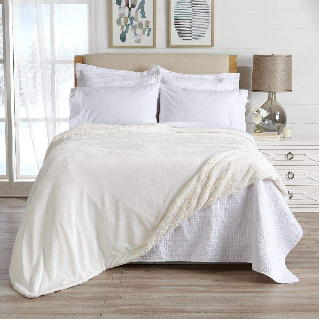 Velvet Plush Sherpa Luxury Bed Blanket Kinsley Collection, ivory by Great Bay Home on Tampa Home & Garden Store