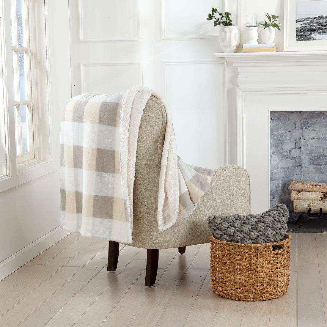 Velvet Plush Sherpa Luxury Bed Blanket Kinsley Collection by Great Bay Home beige plaid on chair on Tampa Home & Garden Store