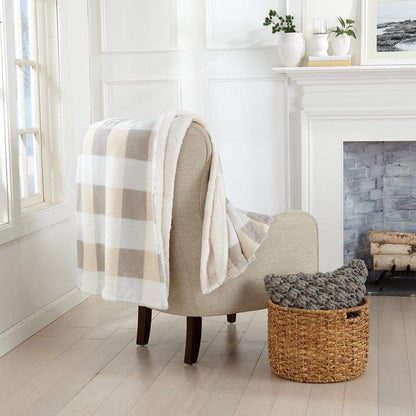Velvet Plush Sherpa Luxury Bed Blanket Kinsley Collection by Great Bay Home beige plaid on chair on Tampa Home & Garden Store