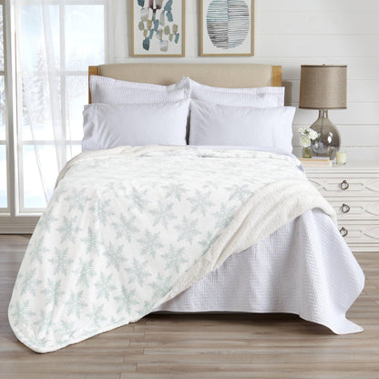 Velvet Plush Sherpa Bed Blanket Kinsley Collection white mint fern print Great Bay Home on Tampa Home & Garden Store