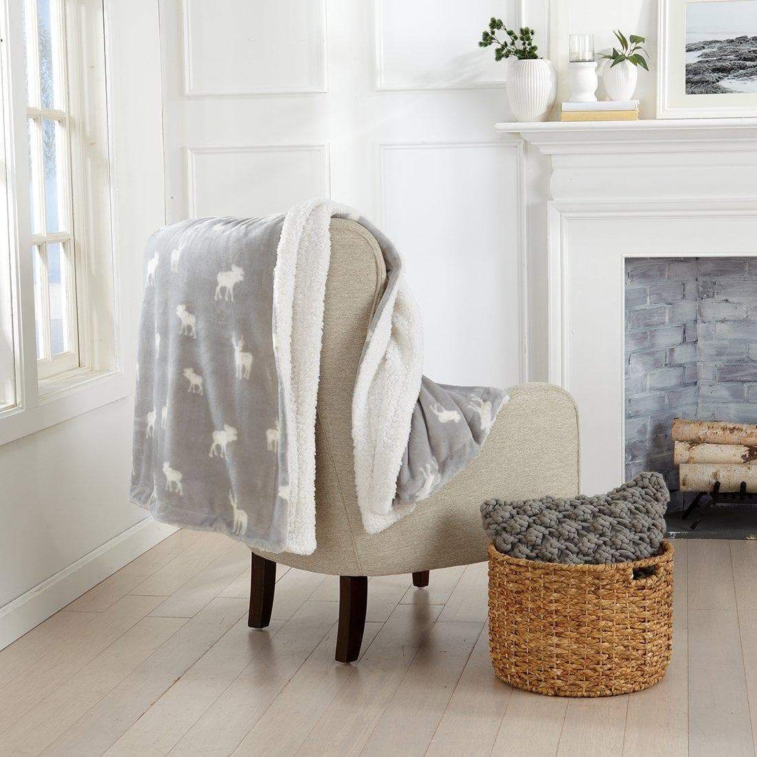 Velvet Plush Sherpa Bed Blanket Great Bay Home Kinsley grey with white sherpa trim over beige on Tampa Home & Garden Store