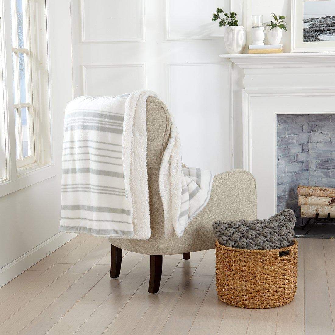 Velvet Plush Sherpa Luxury Bed Blanket - Kinsley Collection, cream blanket draped over beige chair on Tampa Home & Garden Store