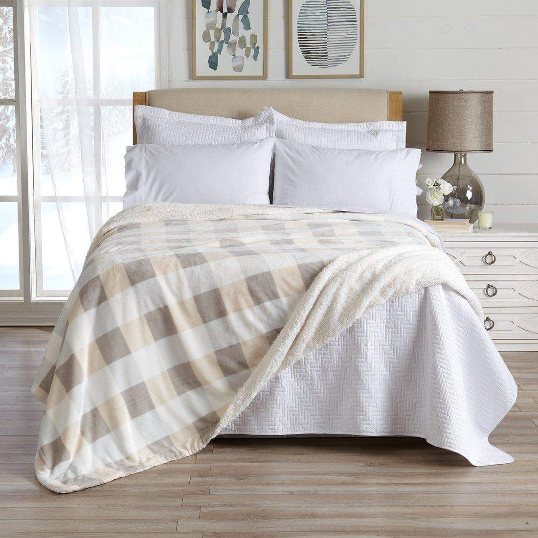 Velvet Plush Sherpa Bed Blanket Kinsley Collection Great Bay Home beige plaid with white sherpa reverse on Tampa Home & Garden Store