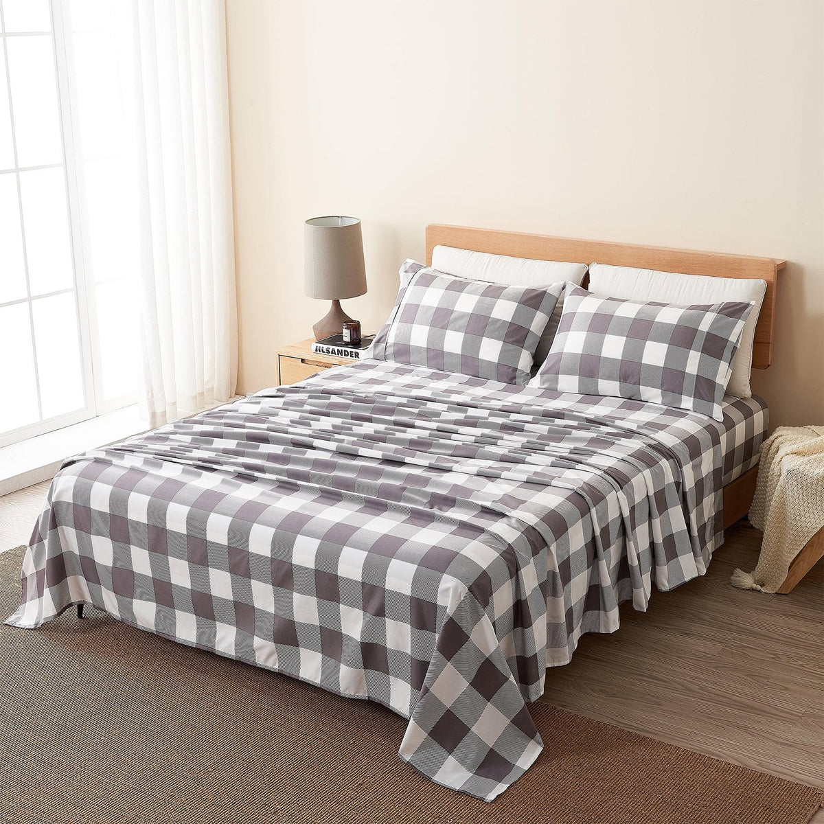 Printed Sheet Set Baylor Collection by Great Bay Home in grey and white plaid on bed on Tampa Home & Garden Store
