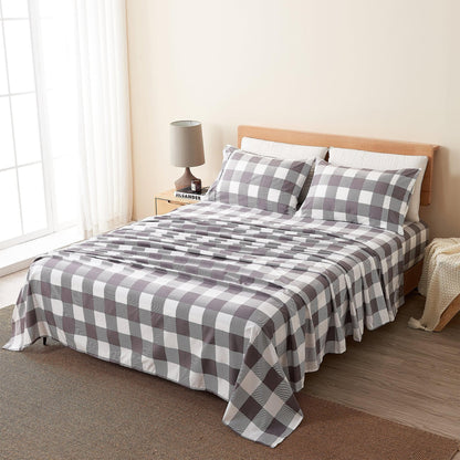 Printed Sheet Set Baylor Collection by Great Bay Home in grey and white plaid on bed on Tampa Home & Garden Store
