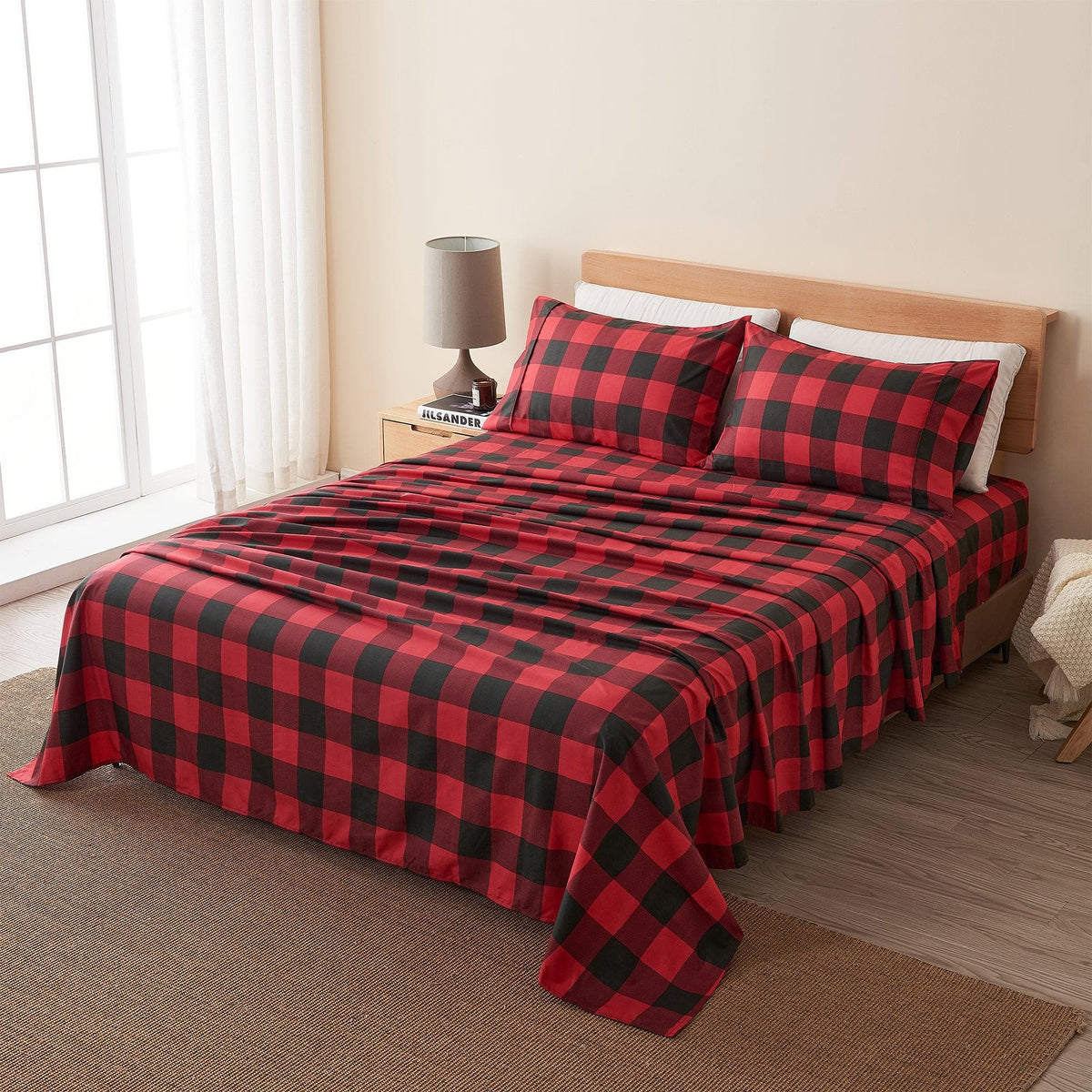Printed Sheet Set Baylor Collection by Great Bay Home on bed with red and black buffalo plaid on Tampa Home & Garden Store