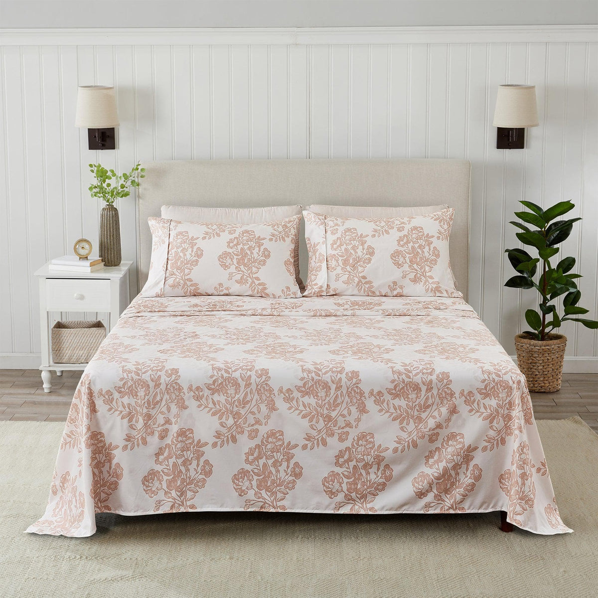 Printed Sheet Set Baylor Collection by Great Bay Home in cream with pink floral print on bed on Tampa Home & Garden Store