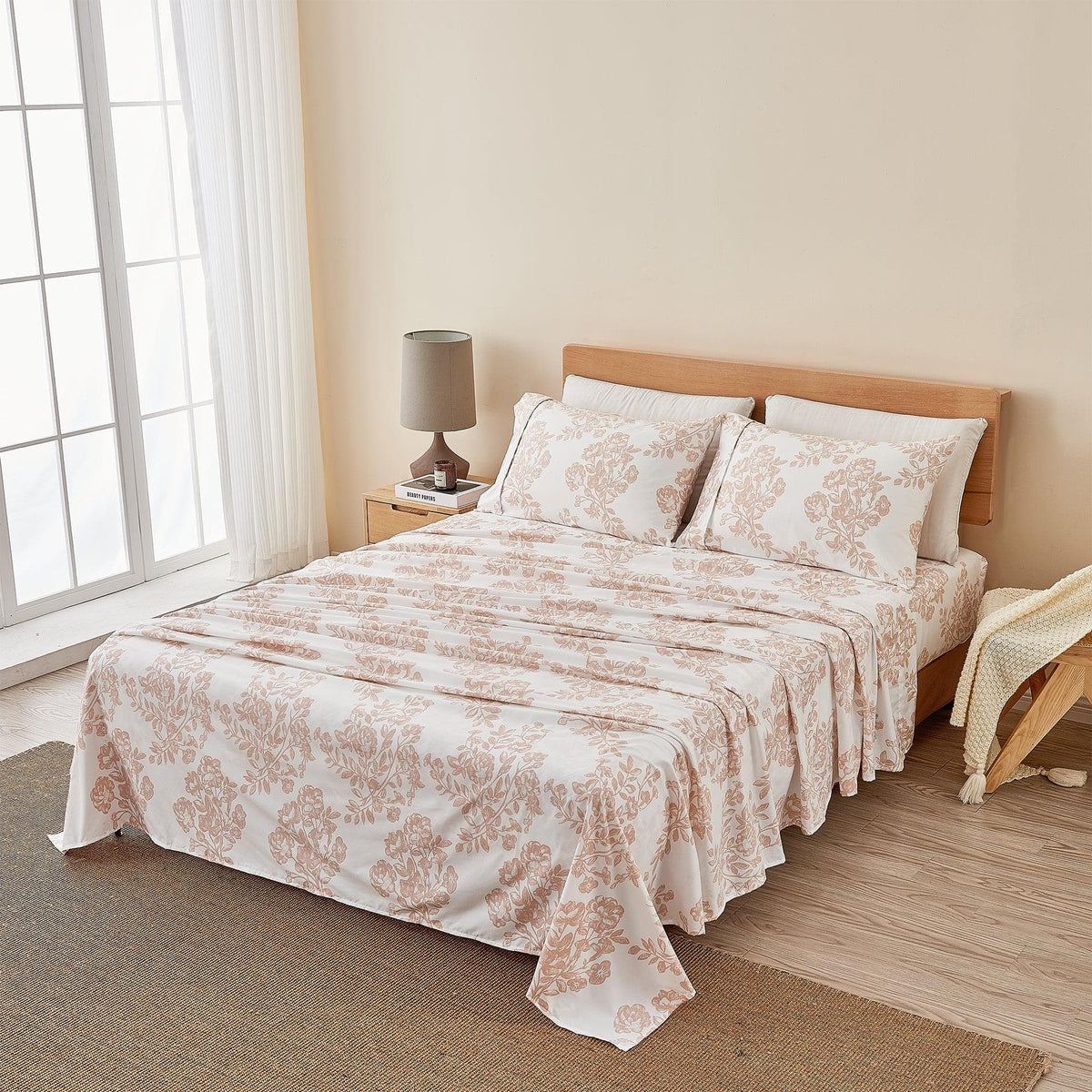 Printed Sheet Set Baylor Collection with pink floral pattern on white by Great Bay Home on Tampa Home & Garden Store