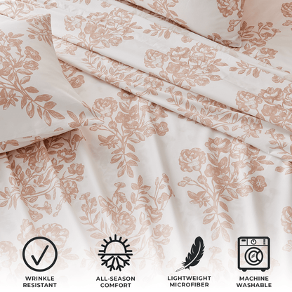 Printed Sheet Set Baylor Collection by Great Bay Home; rose-gold floral on white background on Tampa Home & Garden Store