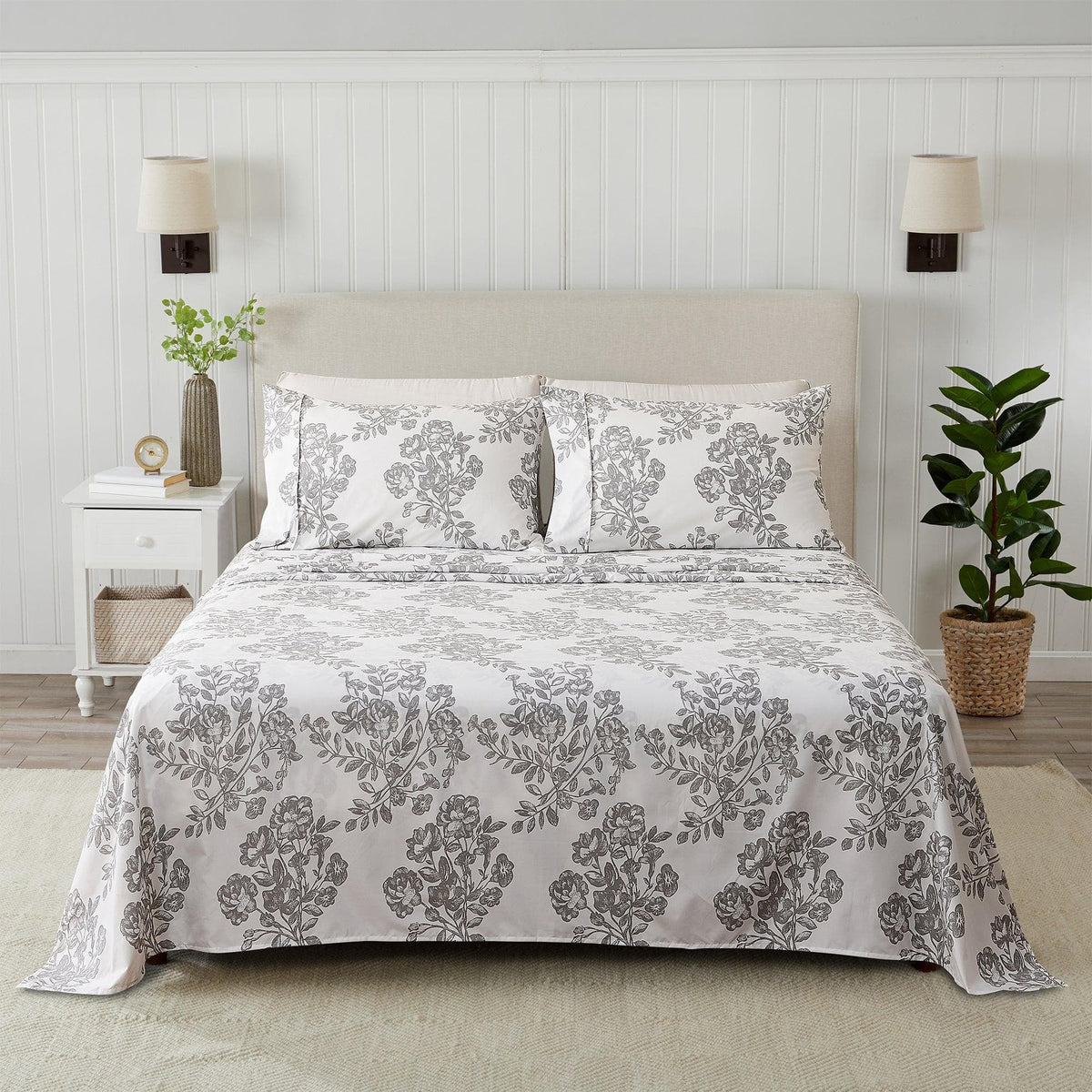 Printed Sheet Set Baylor Collection by Great Bay Home in white with gray floral pattern for bed on Tampa Home & Garden Store