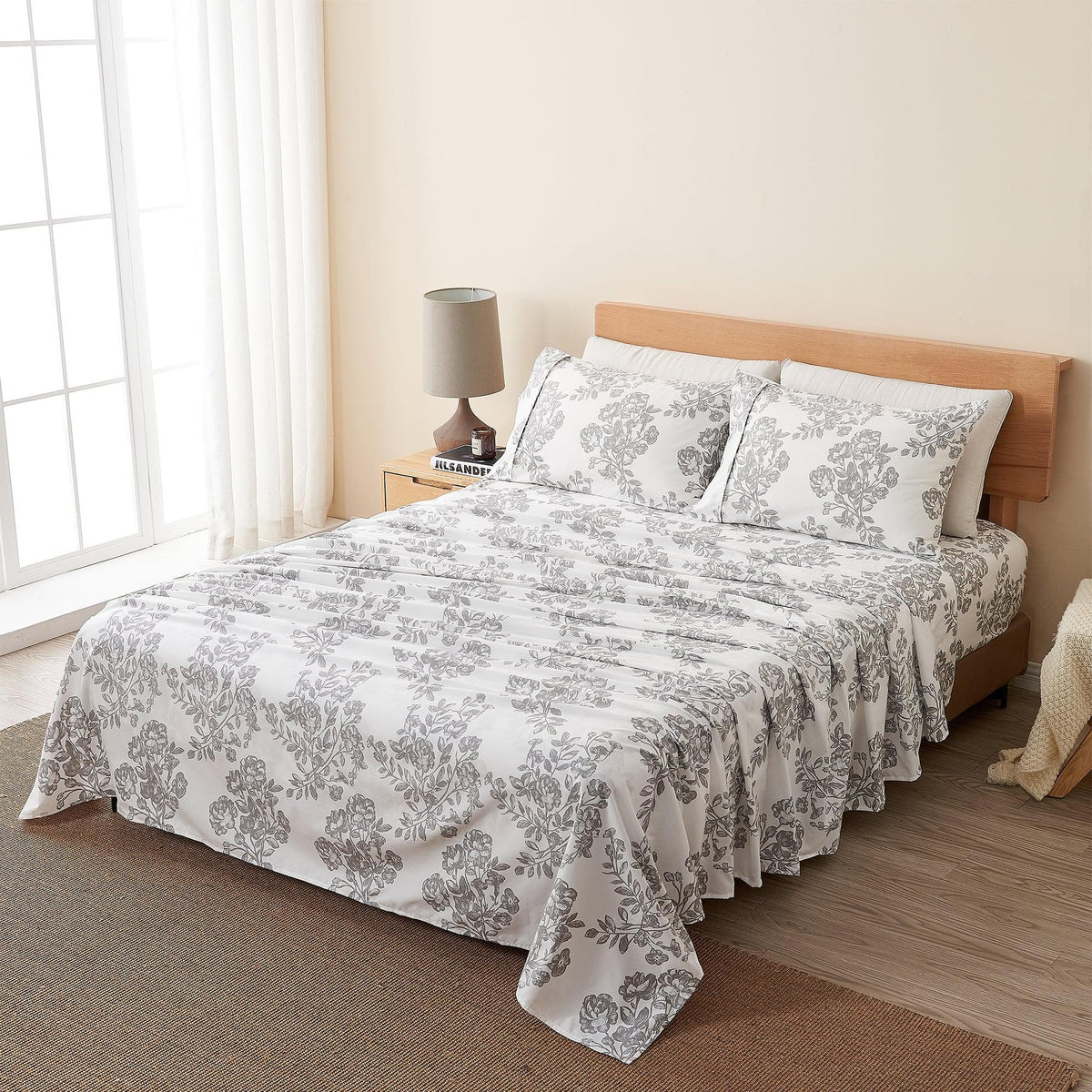 Printed Baylor Collection bed sheets white with gray floral print by Great Bay Home on Tampa Home & Garden Store