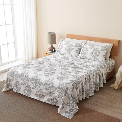 Printed Baylor Collection bed sheets white with gray floral print by Great Bay Home on Tampa Home & Garden Store