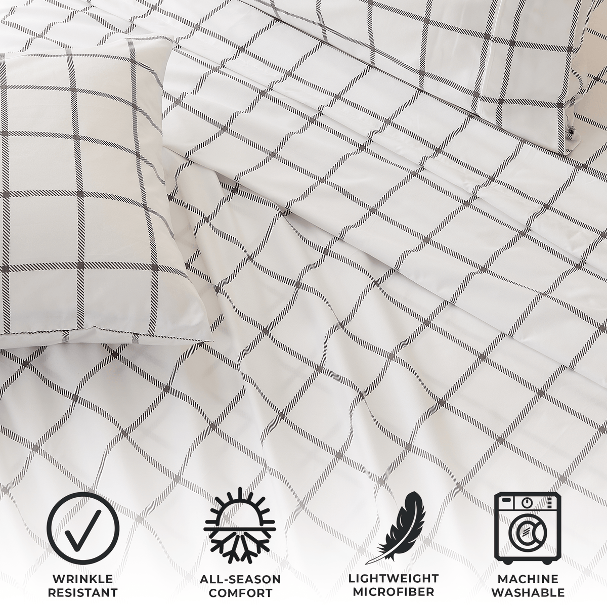 Printed Baylor Collection sheet set bed sheets in white with black grid by Great Bay Home on Tampa Home & Garden Store