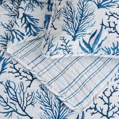 Coastal Navy Coral Quilt Set by Great Bay Home with blue coral pattern on white quilted fabric on Tampa Home & Garden Store