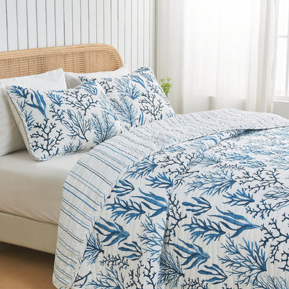 Coastal Navy Coral Quilt Set Saelia Collection blue coral print on white quilt with shams on Tampa Home & Garden Store