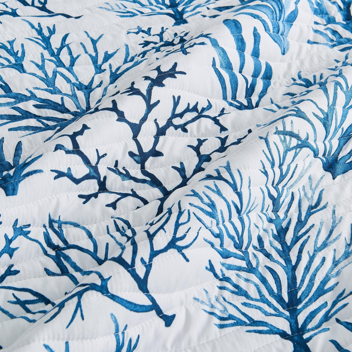 Coastal Navy Coral Quilt Set Saelia Collection by Great Bay Home; navy coral print on white quilt on Tampa Home & Garden Store
