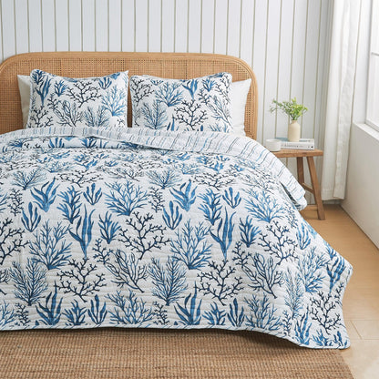 Coastal Navy Coral Quilt Set Saelia Collection Great Bay Home Quilts and Comforters on Tampa Home & Garden Store