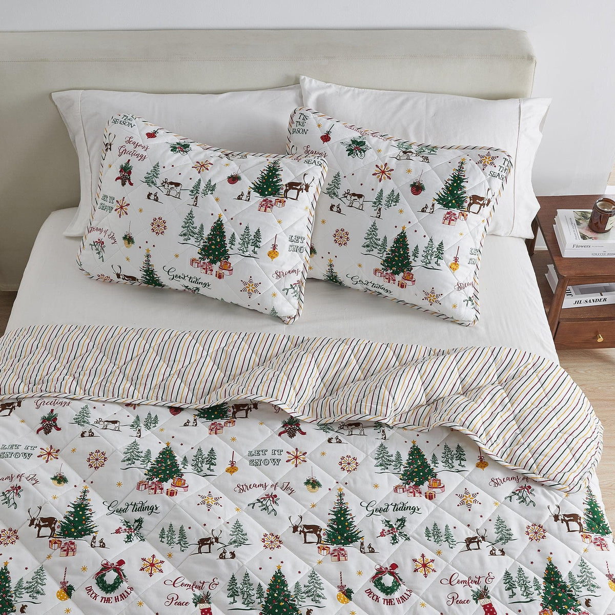 Colorful Holiday Quilt Set Midnight Magic Collection with Christmas trees on white quilted bedding on Tampa Home & Garden Store