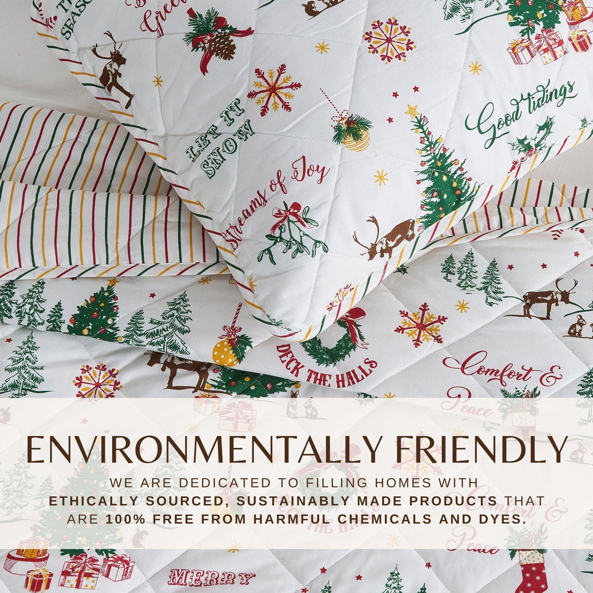 Quilt set Colorful Holiday Midnight Magic by Great Bay Home; white with trees and gifts on Tampa Home & Garden Store