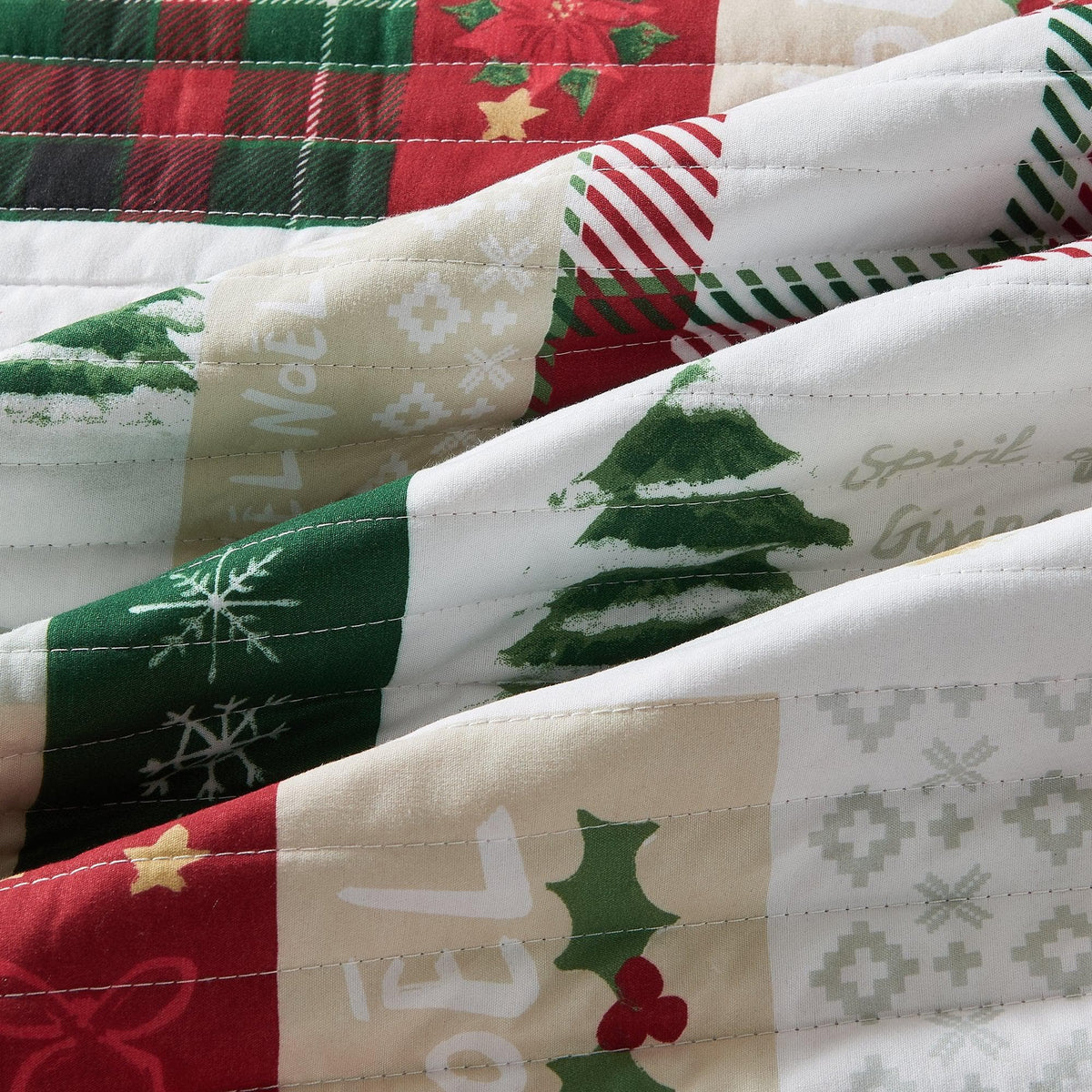 Colorful Holiday Quilt Set in red green beige with white stitching Great Bay Home bedding on Tampa Home & Garden Store