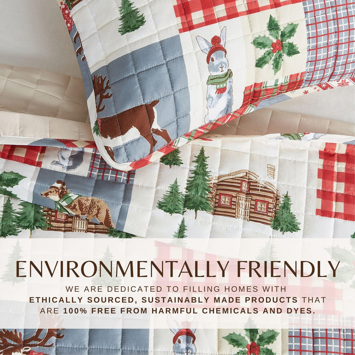 Colorful Holiday Quilt Set by Great Bay Home in patchwork with trees, holly and animal motifs on Tampa Home & Garden Store