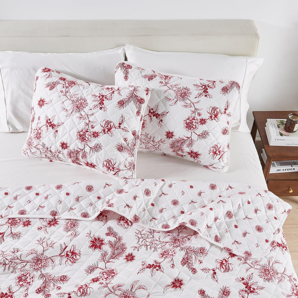 Colorful Holiday Quilt Set Midnight Magic Great Bay Home white quilt with red floral print on Tampa Home & Garden Store