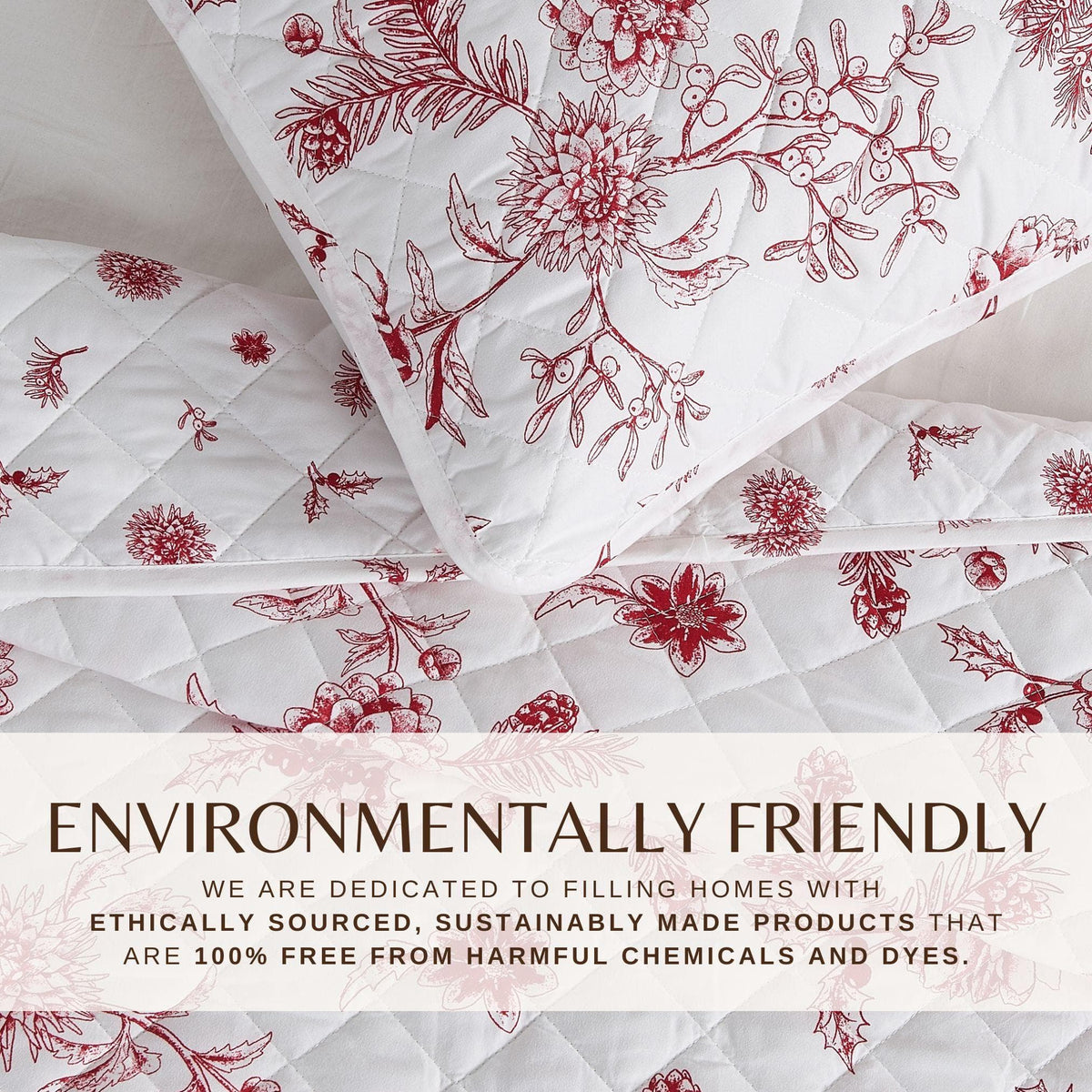 Colorful Holiday Quilt Set by Great Bay Home, white quilt with red botanical prints on Tampa Home & Garden Store