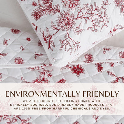 Colorful Holiday Quilt Set by Great Bay Home, white quilt with red botanical prints on Tampa Home & Garden Store