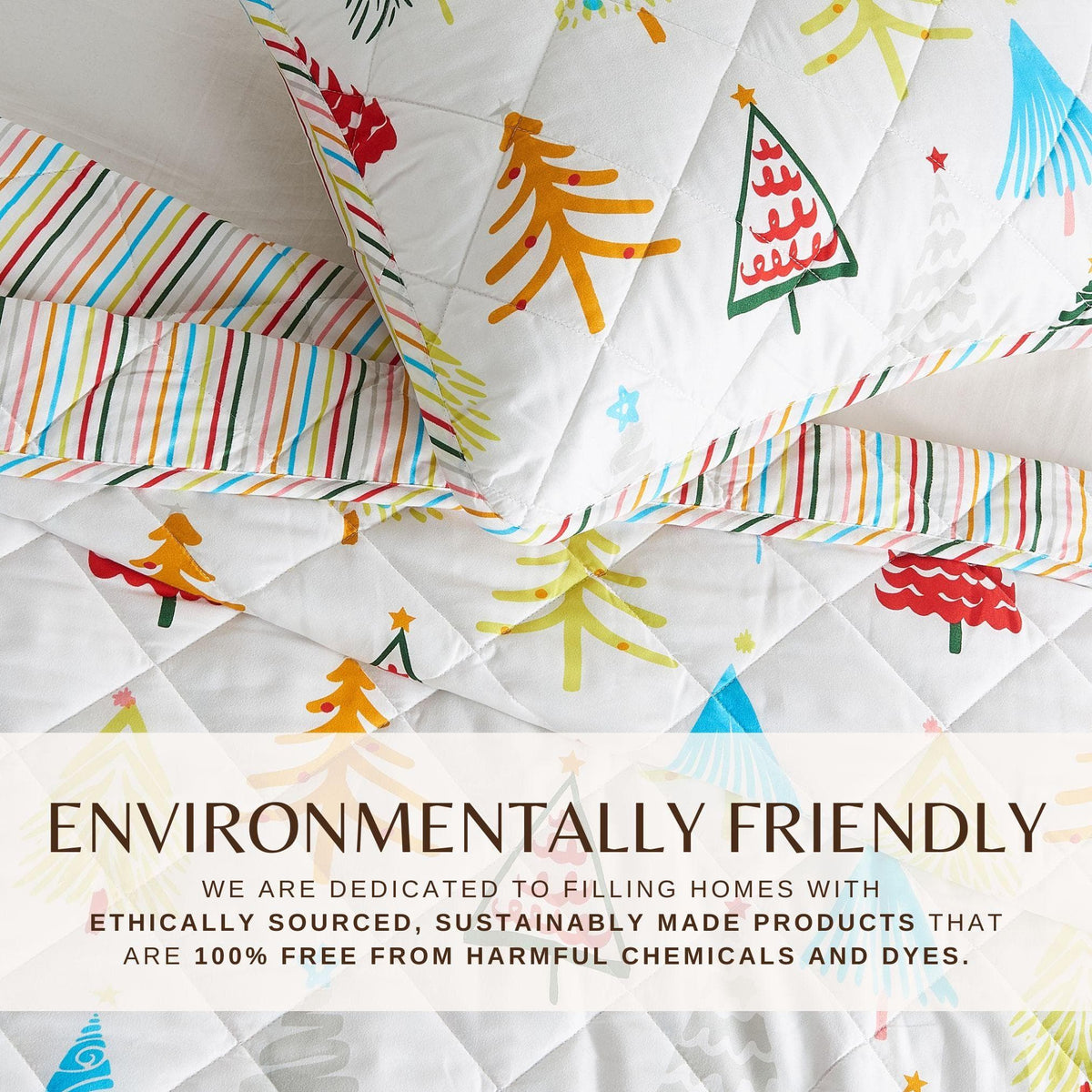 Colorful Holiday Quilt Set Midnight Magic Collection with tree prints and striped binding on Tampa Home & Garden Store