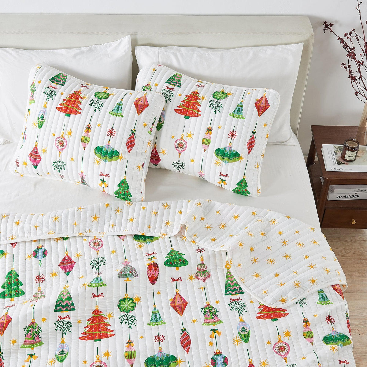 Colorful Holiday Quilt Set Midnight Magic with Christmas trees and ornaments on white quilt on Tampa Home & Garden Store