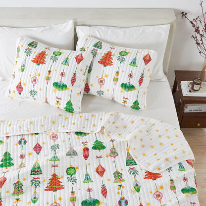 Colorful Holiday Quilt Set Midnight Magic with Christmas trees and ornaments on white quilt on Tampa Home & Garden Store