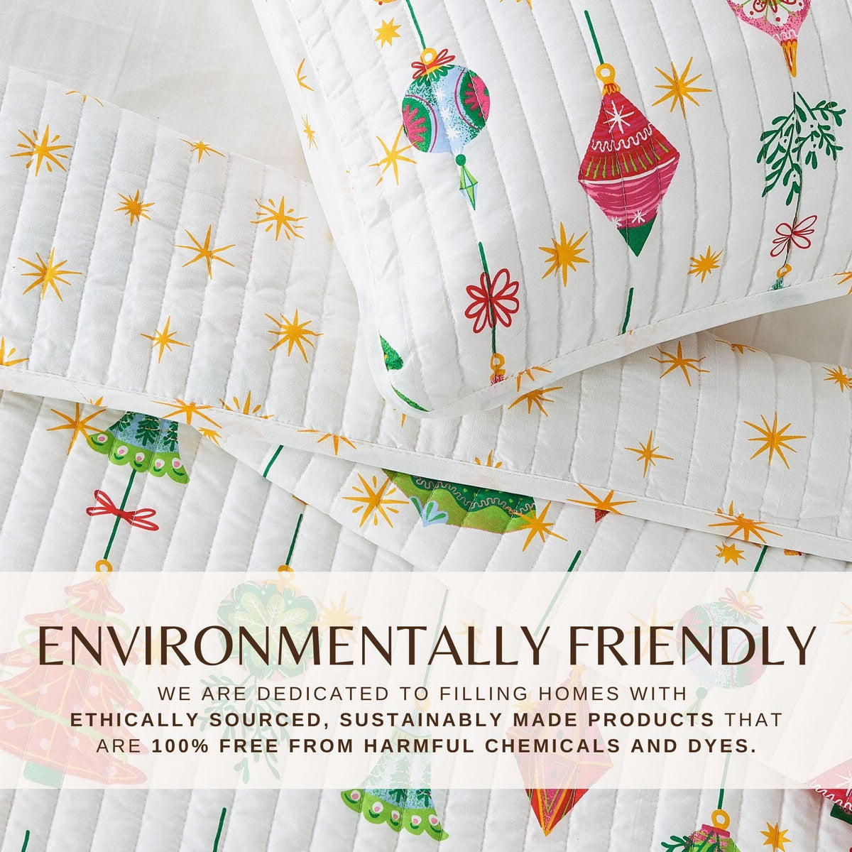 Colorful Holiday Quilt Set by Great Bay Home, Midnight Magic, white quilt with ornaments on Tampa Home & Garden Store