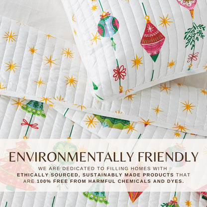 Colorful Holiday Quilt Set by Great Bay Home, Midnight Magic, white quilt with ornaments on Tampa Home & Garden Store