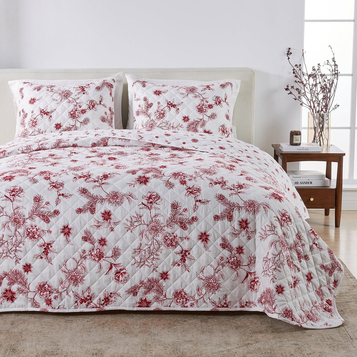 Colorful Holiday Quilt Set - Midnight Magic Collection with red floral print on white quilt on Tampa Home & Garden Store
