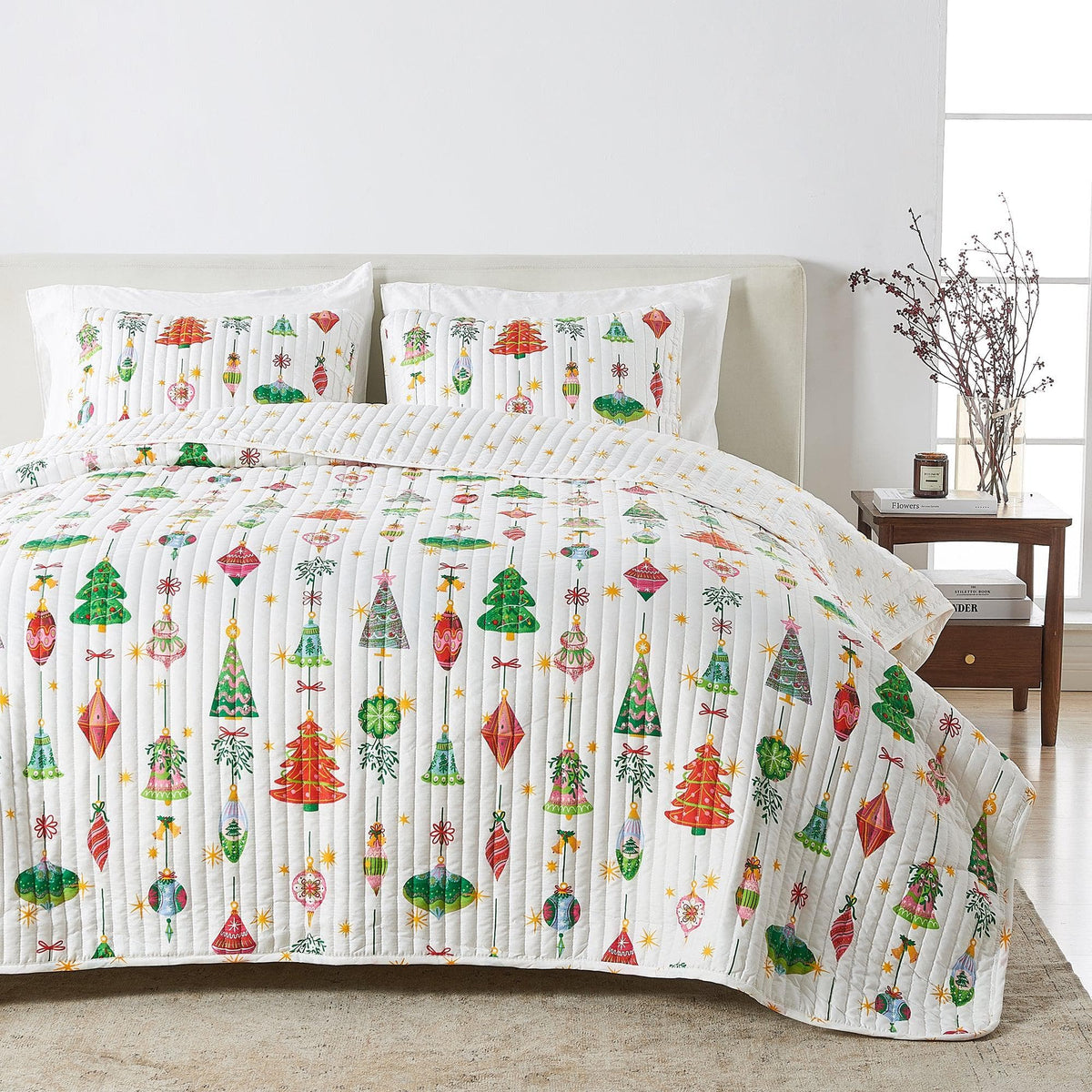 Quilt Set Colorful Holiday by Great Bay Home; white quilt with festive trees, includes shams on Tampa Home & Garden Store