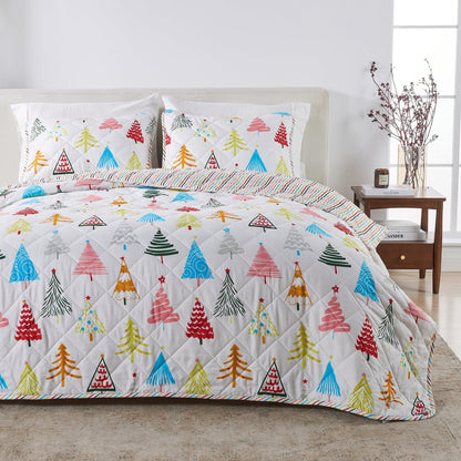 Colorful Holiday Quilt Set by Great Bay Home with Christmas tree prints and white background on Tampa Home & Garden Store