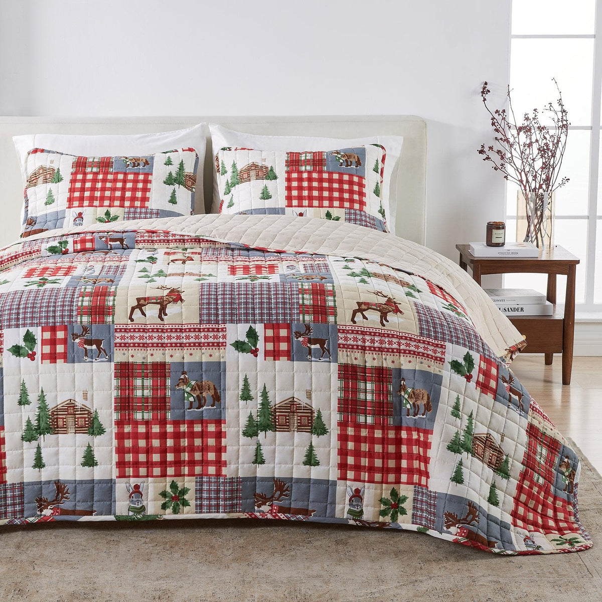 Colorful Holiday Quilt Set Midnight Magic Collection red plaid with evergreen trees on Tampa Home & Garden Store