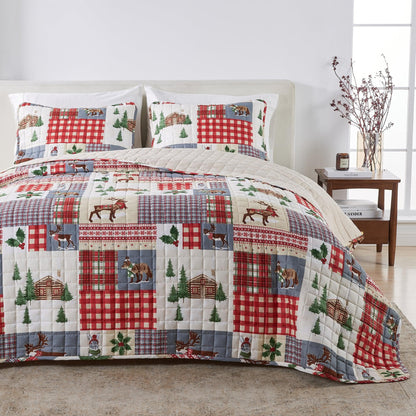 Colorful Holiday Quilt Set Midnight Magic Collection red plaid with evergreen trees on Tampa Home & Garden Store