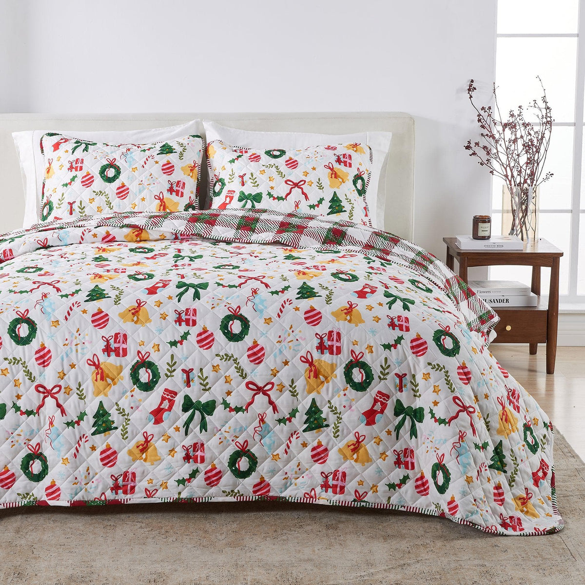 Colorful Holiday Quilt Set - Midnight Magic Collection; white quilt with prints, 2 pillow shams on Tampa Home & Garden Store